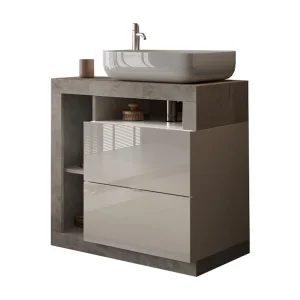 Badkamermeubel BURA – 79 cm – Glanzend wit en beton – Inclusief wastafel – 2 laden