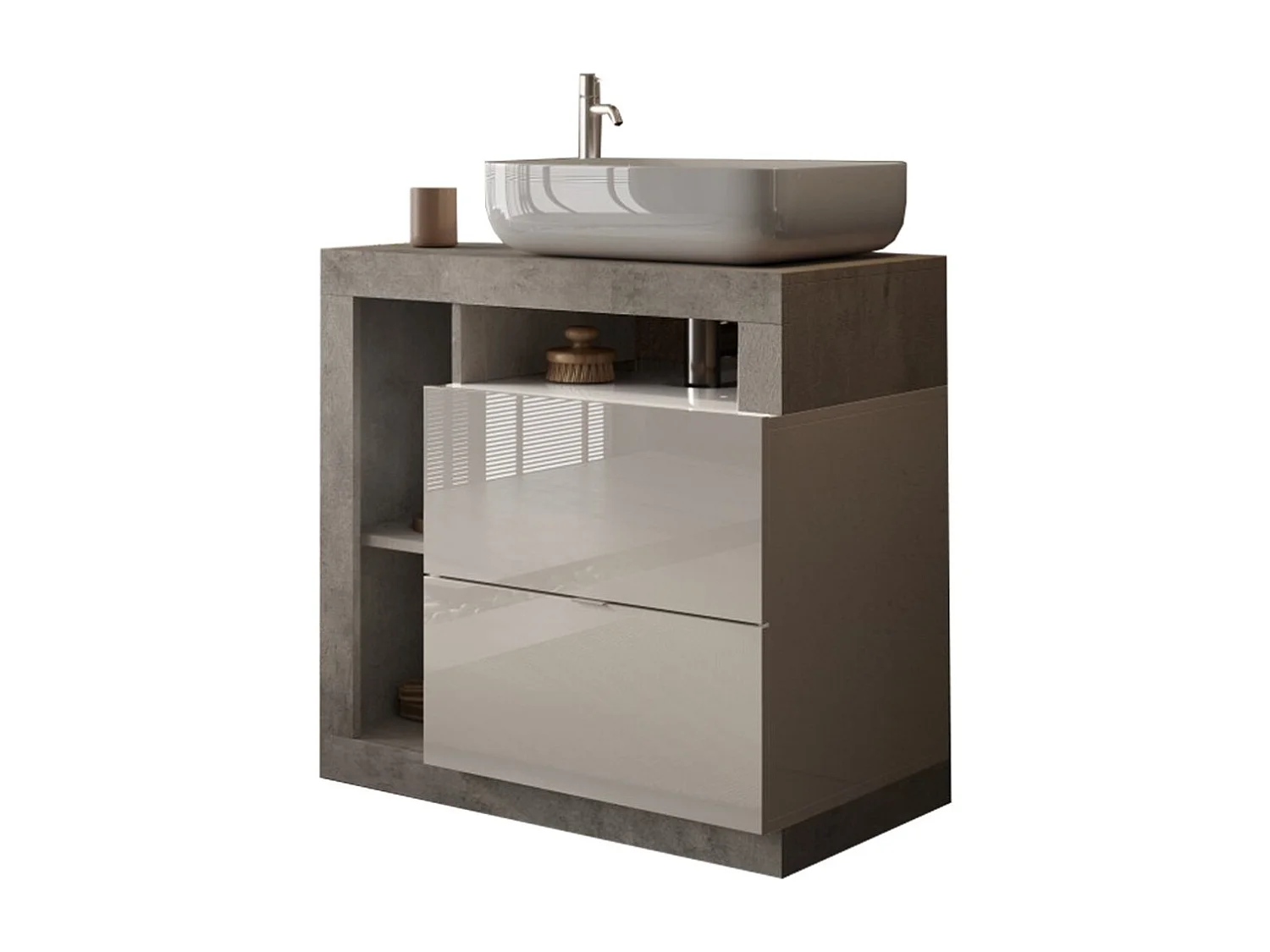Badkamermeubel BURA – 79 cm – Glanzend wit en beton – Inclusief wastafel – 2 laden