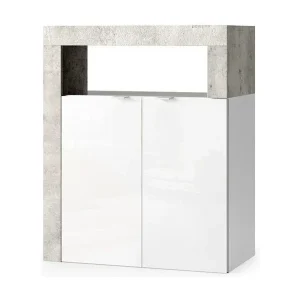 Meubel voor badkamer BURA – 2 deuren, 2 planken – Glanzend wit gelakt en grijs betonlook Meubel voor badkamer BURA – 2 deuren, 2 planken – Glanzend wit gelakt en grijs betonlook