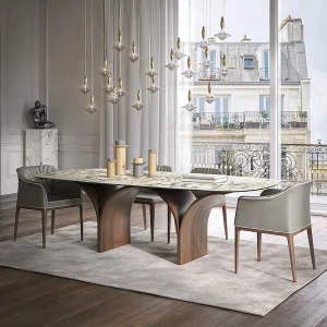 Arco barrel vaste tafel met een Canaletto walnoot basis en Symphonie steengoed blad Arco barrel vaste tafel met een Canaletto walnoot basis en Symphonie steengoed blad