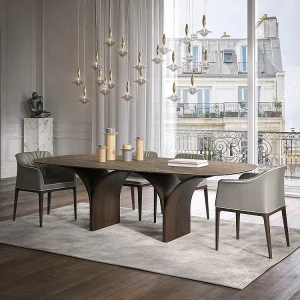 Arco barrel vaste tafel met donker eikenhouten basis en Emperador steengoed blad Arco barrel vaste tafel met donker eikenhouten basis en Emperador steengoed blad