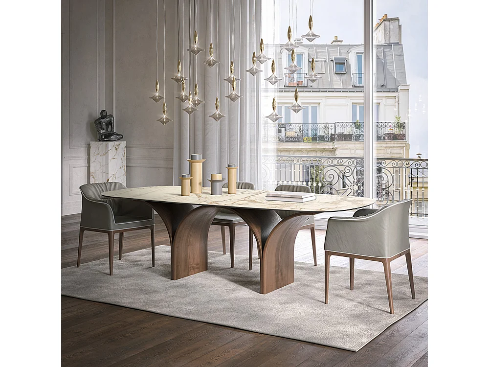 Arco barrel vaste tafel met een Canaletto walnoot basis en matte Macchiavecchia steengoed bovenblad