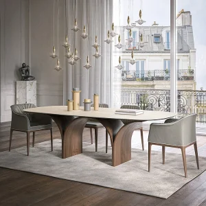 Arco barrel vaste tafel met een Canaletto walnoot basis en een wit travertijn stenegoed blad Arco barrel vaste tafel met een Canaletto walnoot basis en een wit travertijn stenegoed blad