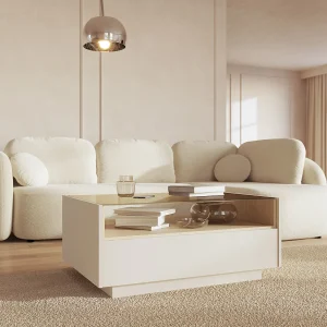 Salontafel met 2 lades en 1 nis – Beige en licht naturel – ALIVENTO Salontafel met 2 lades en 1 nis – Beige en licht naturel – ALIVENTO