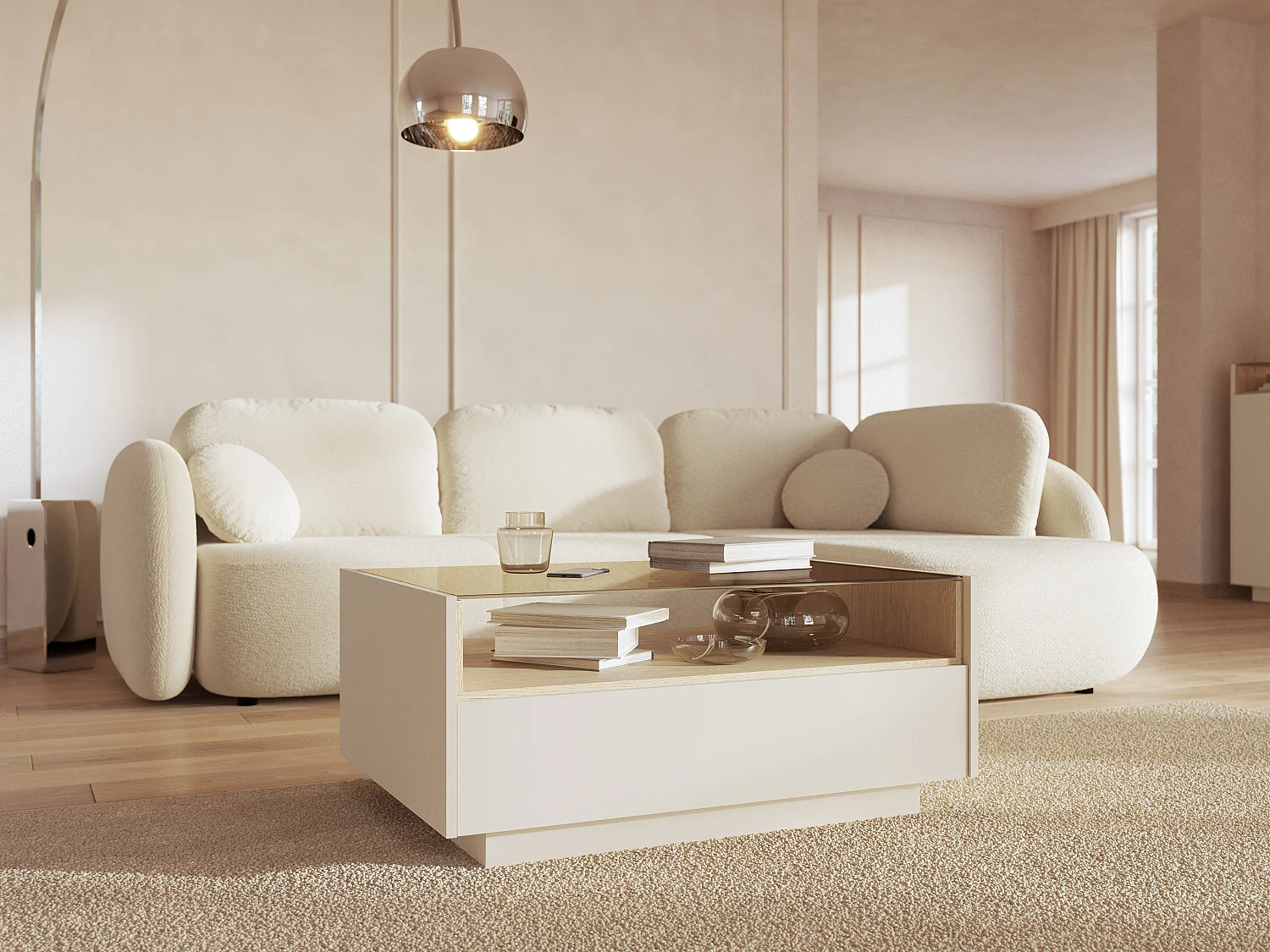 Salontafel met 2 lades en 1 nis - Beige en licht naturel - ALIVENTO