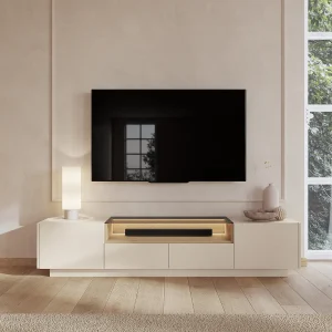 TV-meubel met 2 deuren, 2 lades en 1 nis met LEDs – Beige en licht naturel – ALIVENTO
