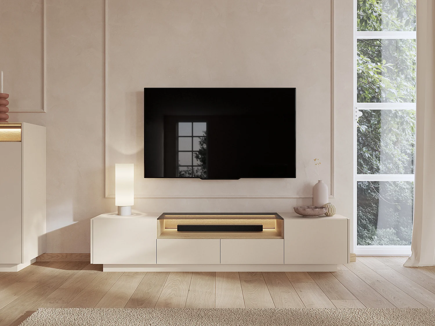 TV-meubel met 2 deuren, 2 lades en 1 nis met LEDs - Beige en licht naturel - ALIVENTO