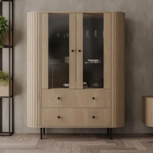AX LIVING Vitrinekast Halay eiken Cremona 2 deuren 2 lades ribbelstructuur ronde randen AX LIVING Vitrinekast Halay eiken Cremona 2 deuren 2 lades ribbelstructuur ronde randen