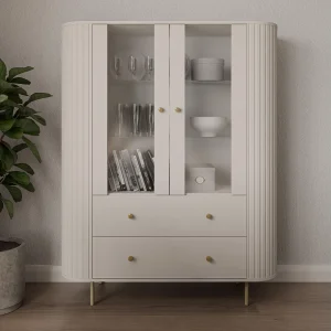AX LIVING Vitrinekast Halay beige 2 deuren 2 lades ribbelstructuur ronde randen AX LIVING Vitrinekast Halay beige 2 deuren 2 lades ribbelstructuur ronde randen