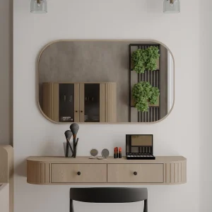 AX LIVING Kaptafel Halay eiken Cremona 2 lades ronde randen rechthoekige spiegel