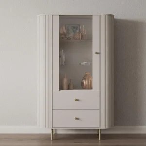 AX LIVING Vitrinekast Halay beige 1 deur 2 lades ribbelstructuur ronde randen AX LIVING Vitrinekast Halay beige 1 deur 2 lades ribbelstructuur ronde randen