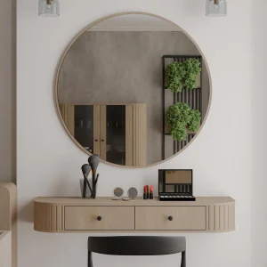 AX LIVING Kaptafel Halay eiken Cremona 2 lades ronde randen ronde spiegel 100 cm