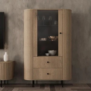 AX LIVING Vitrinekast Halay eiken Cremona 1 deur 2 lades ribbelstructuur ronde randen AX LIVING Vitrinekast Halay eiken Cremona 1 deur 2 lades ribbelstructuur ronde randen