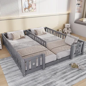 Babybedje 180×200 cm – met veiligheidshekjes en lattenbodem – geschikt voor 2 kinderen – grijs Babybedje 180×200 cm – met veiligheidshekjes en lattenbodem – geschikt voor 2 kinderen – grijs
