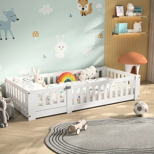 Babybedje 120×200 cm – met veiligheidshekjes en lattenbodem – van massief grenenhout – wit Babybedje 120×200 cm – met veiligheidshekjes en lattenbodem – van massief grenenhout – wit