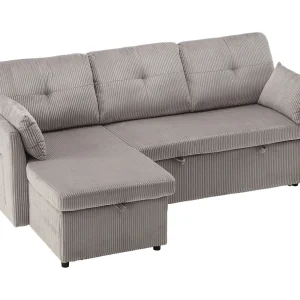 Hoek slaapbank 206x108x66 cm, omkeerbare chaise longue, opbergruimte, zijvakken, ribfluweel, lichtgrijs Hoek slaapbank 206x108x66 cm, omkeerbare chaise longue, opbergruimte, zijvakken, ribfluweel, lichtgrijs