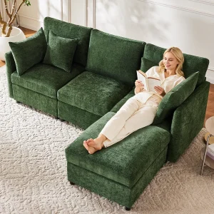 3-zits L-vormige hoekbank – 216 x 161 x 81 cm – met 4 kussens + poef – fluweel – groen
