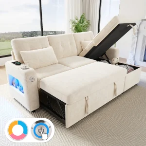 3-zits hoekbank met slaapfunctie – 206 x 131 x 85 cm – met opbergruimte + LED-verlichting + USB-aansluiting + bekerhouders – fluweel – beige 3-zits hoekbank met slaapfunctie – 206 x 131 x 85 cm – met opbergruimte + LED-verlichting + USB-aansluiting + bekerhouders – fluweel – beige