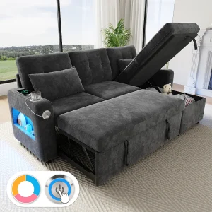 3-zits hoekbank met slaapfunctie – 206 x 131 x 85 cm – met opbergruimte + LED-verlichting + USB-aansluiting + bekerhouders – fluweel – grijs 3-zits hoekbank met slaapfunctie – 206 x 131 x 85 cm – met opbergruimte + LED-verlichting + USB-aansluiting + bekerhouders – fluweel – grijs