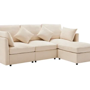 Hoekbank 216x161x81 cm, met verplaatsbare poef, 4 kussens, afneembare zitkussens, chenille, beige Hoekbank 216x161x81 cm, met verplaatsbare poef, 4 kussens, afneembare zitkussens, chenille, beige