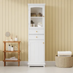 Badkamermeubel 45x36x160cm – 2 lades en 2 deuren – verstelbare planken – gouden handgrepen – MDF – wit Badkamermeubel 45x36x160cm – 2 lades en 2 deuren – verstelbare planken – gouden handgrepen – MDF – wit