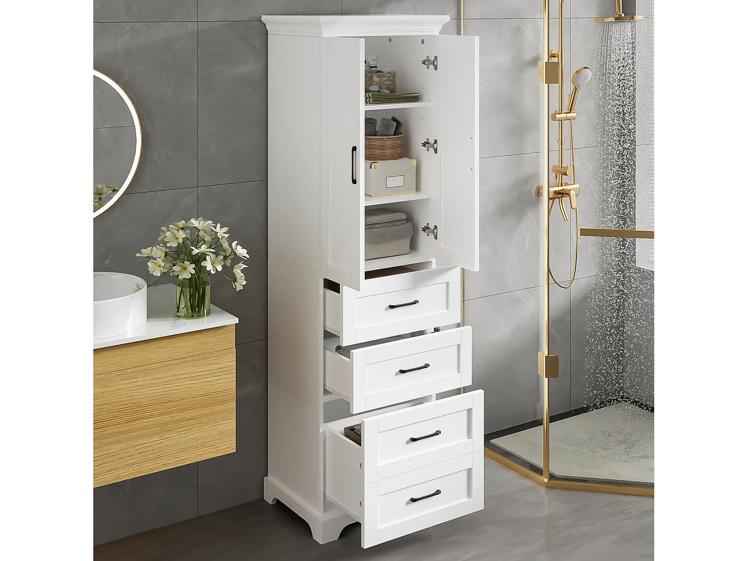 Badkamermeubel 57x38x180 cm - met 3 lades en 2 deuren - verstelbare planken - MDF - Wit