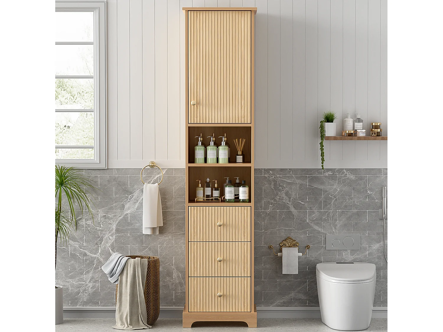 Badkamermeubel 40x30x172 cm - 3 lades en 1 deur - open planken - verticaal strepenpatroon - MDF - natuur