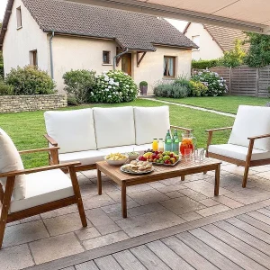 5-persoons tuinset van geolied acaciahout met beige kussens "Chilwell" – Comfort en elegantie buiten 5-persoons tuinset van geolied acaciahout met beige kussens "Chilwell" – Comfort en elegantie buiten