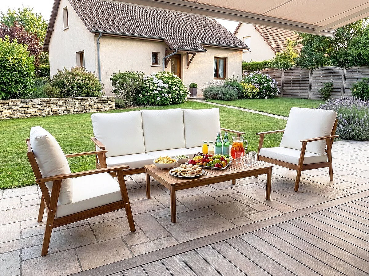 5-persoons tuinset van geolied acaciahout met beige kussens "Chilwell" – Comfort en elegantie buiten