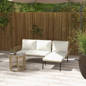 3-delige rotan tuinset – 1 chaise longue, 2-zitsbank en salontafel met crèmekleurige kussens, tuinmeubelen voor terras en balkon 3-delige rotan tuinset – 1 chaise longue, 2-zitsbank en salontafel met crèmekleurige kussens, tuinmeubelen voor terras en balkon