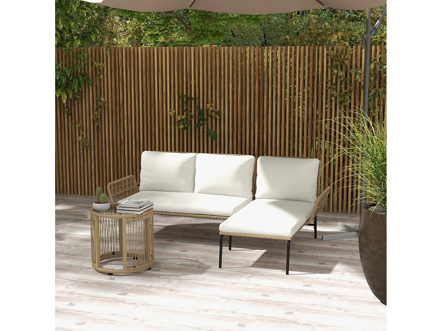 3-delige rotan tuinset – 1 chaise longue, 2-zitsbank en salontafel met crèmekleurige kussens, tuinmeubelen voor terras en balkon