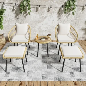 5-delige rotan tuinloungeset – Tafel, 2 stoelen en 2 krukken, elegant en duurzaam buitenmeubilair voor terras en balkon