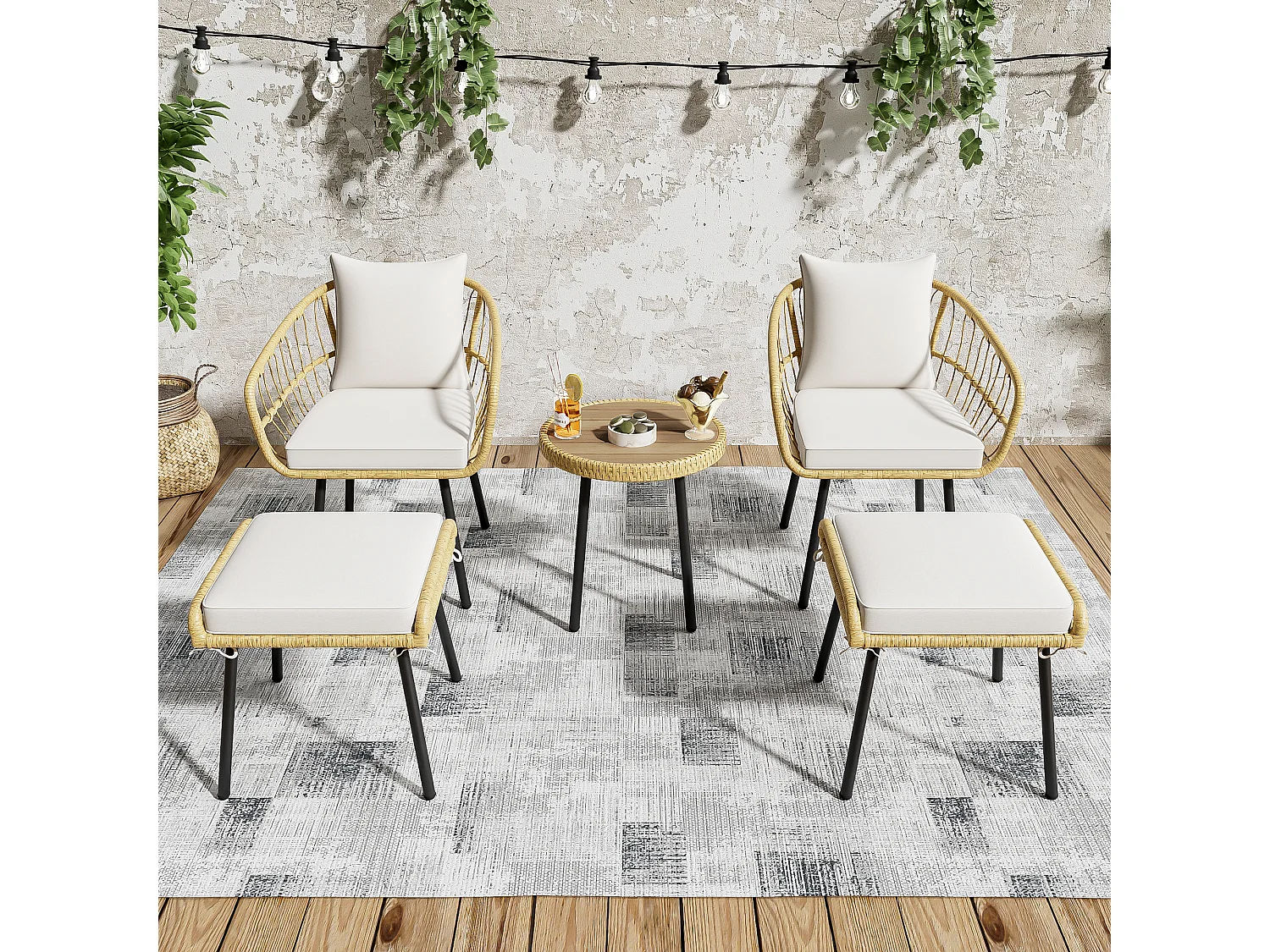 5-delige rotan tuinloungeset – Tafel, 2 stoelen en 2 krukken, elegant en duurzaam buitenmeubilair voor terras en balkon