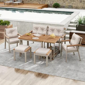 6-delige acaciahouten tuineetset – Tafel, stoelen en fauteuils met afneembare kussens, afneembare serveerwagen, duurzaam buitenmeubilair 6-delige acaciahouten tuineetset – Tafel, stoelen en fauteuils met afneembare kussens, afneembare serveerwagen, duurzaam buitenmeubilair