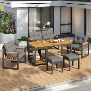 6-delige tuinset – 2-zitsbank, 2 fauteuils, 2 krukjes en afneembare tafel, ijzeren frame, comfortabele kussens, gevlochten armleuningen