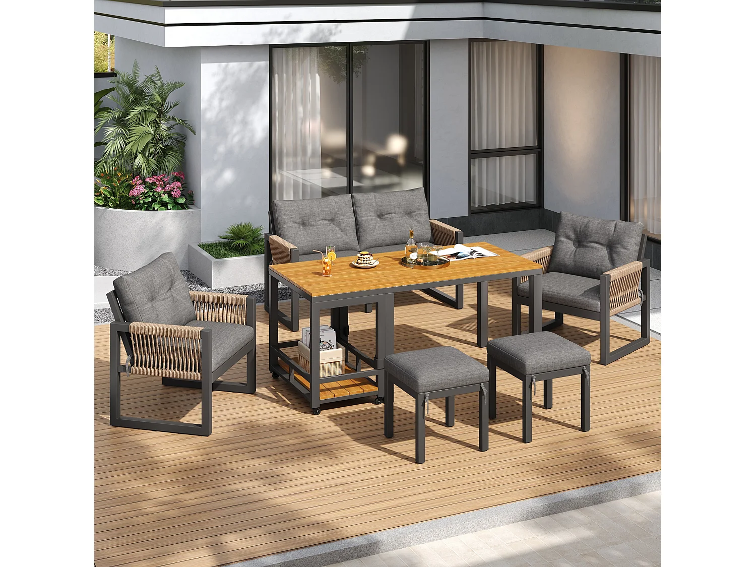 6-delige tuinset – 2-zitsbank, 2 fauteuils, 2 krukjes en afneembare tafel, ijzeren frame, comfortabele kussens, gevlochten armleuningen