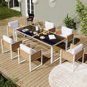 5-teiliges Garten-Set aus Rattan – Runder Tisch aus gehärtetem Glas + 4 Sessel mit Armlehnen, Eisengestell, inklusive Kissen, für Terrasse und Balkon 5-teiliges Garten-Set aus Rattan – Runder Tisch aus gehärtetem Glas + 4 Sessel mit Armlehnen, Eisengestell, inklusive Kissen, für Terrasse und Balkon