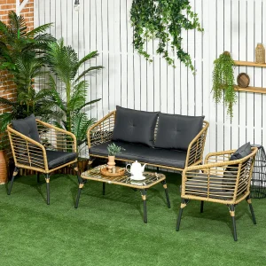 4-delige rotan tuinloungeset – 2 fauteuils, 2-zitsbank + glazen salontafel Tafel, afneembare en wasbare kussens, boho-stijl voor 4 personen 4-delige rotan tuinloungeset – 2 fauteuils, 2-zitsbank + glazen salontafel Tafel, afneembare en wasbare kussens, boho-stijl voor 4 personen