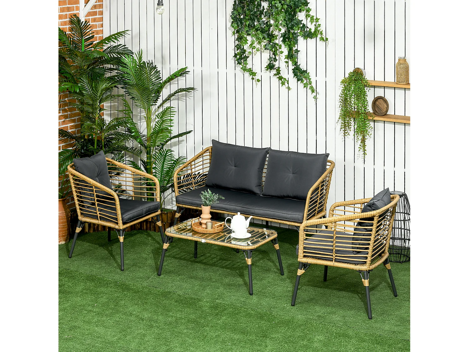 4-delige rotan tuinloungeset – 2 fauteuils, 2-zitsbank + glazen salontafel Tafel, afneembare en wasbare kussens, boho-stijl voor 4 personen