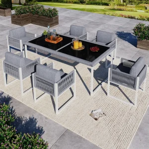 6-delige touw tuineetset – Tafel met blad van gehard glas, comfortabele stoelen met afneembare kussens en wasbare hoezen 6-delige touw tuineetset – Tafel met blad van gehard glas, comfortabele stoelen met afneembare kussens en wasbare hoezen