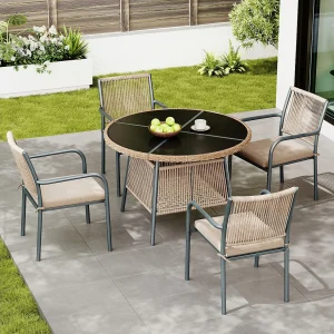 5-delige rotan tuinset – Ronde tafel van gehard glas + 4 fauteuils met armleuningen, ijzeren frame, inclusief kussens, voor terras en balkon