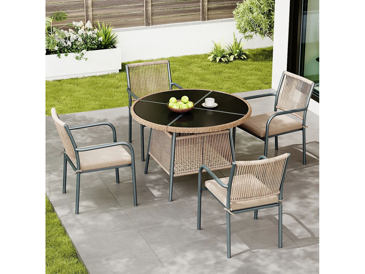 5-delige rotan tuinset – Ronde tafel van gehard glas + 4 fauteuils met armleuningen, ijzeren frame, inclusief kussens, voor terras en balkon