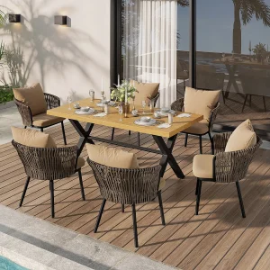 6-persoons tuineetset – Lange tafel met houtlook + 6 PE rotan fauteuils met kussens, ijzeren frame, tuinmeubelen voor terras en tuin