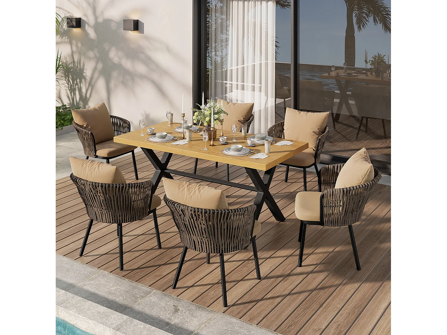6-persoons tuineetset – Lange tafel met houtlook + 6 PE rotan fauteuils met kussens, ijzeren frame, tuinmeubelen voor terras en tuin