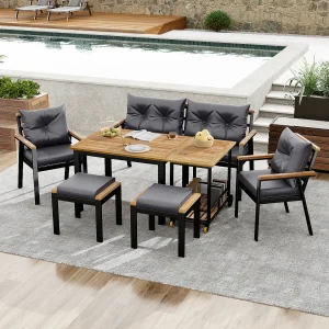 6-delige acaciahouten tuineetset – Tafel, stoelen en fauteuils met afneembare kussens, afneembare serveerwagen, duurzaam buitenmeubilair 6-delige acaciahouten tuineetset – Tafel, stoelen en fauteuils met afneembare kussens, afneembare serveerwagen, duurzaam buitenmeubilair