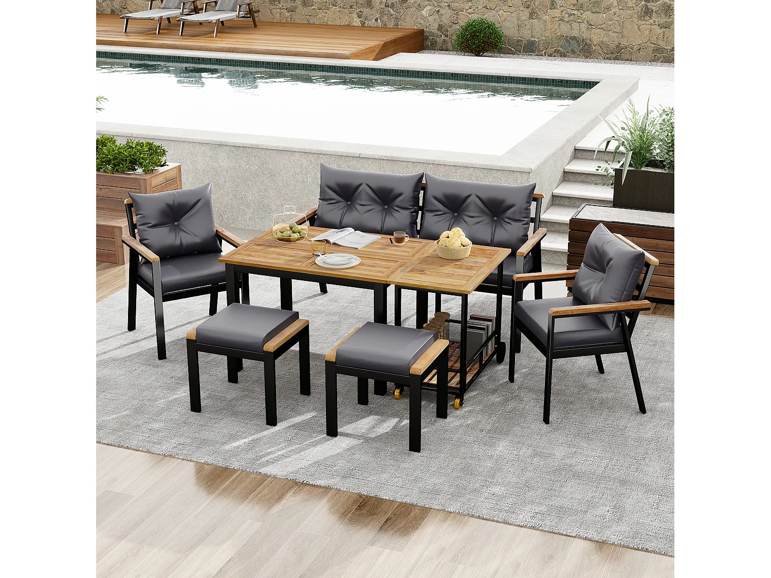 6-delige acaciahouten tuineetset – Tafel, stoelen en fauteuils met afneembare kussens, afneembare serveerwagen, duurzaam buitenmeubilair