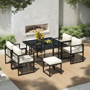 7-delige 6-persoons tuineetset – Vierkante tafel van gehard glas, 4 fauteuils en 2 krukken met afneembare kussens, elegant buitenmeubilair 7-delige 6-persoons tuineetset – Vierkante tafel van gehard glas, 4 fauteuils en 2 krukken met afneembare kussens, elegant buitenmeubilair
