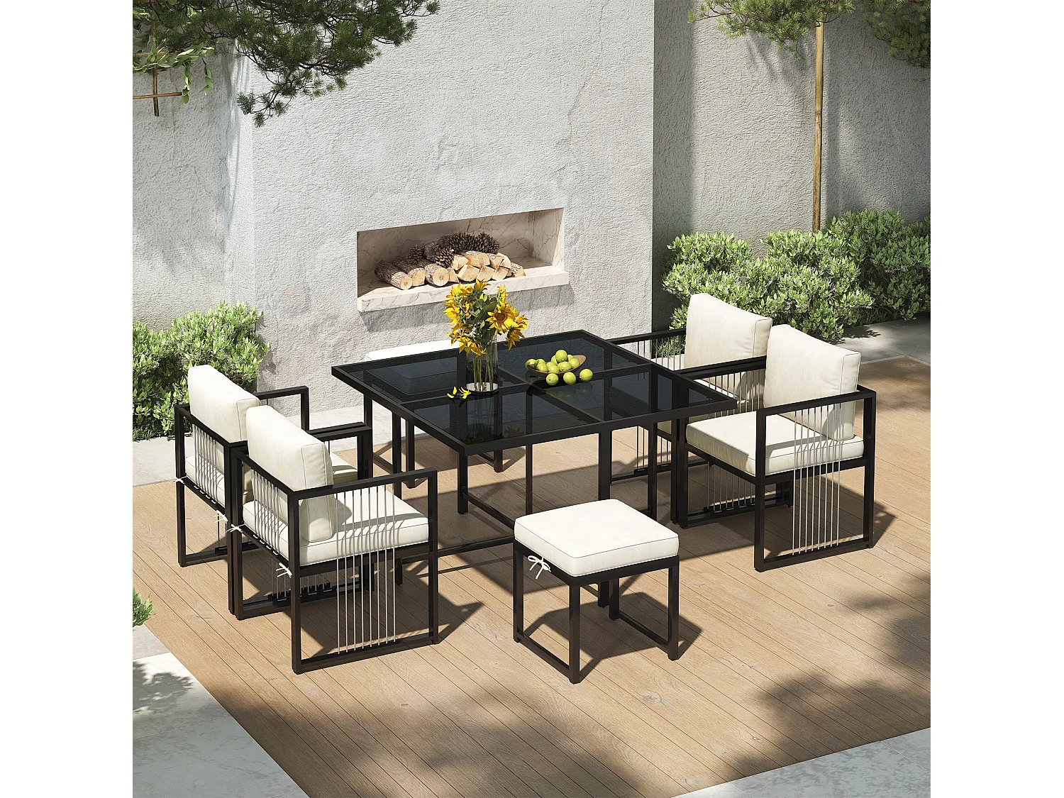 7-delige 6-persoons tuineetset – Vierkante tafel van gehard glas, 4 fauteuils en 2 krukken met afneembare kussens, elegant buitenmeubilair