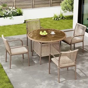 5-delige rotan tuinset – Ronde tafel van gehard glas + 4 fauteuils met armleuningen, ijzeren frame, inclusief kussens, voor terras en balkon