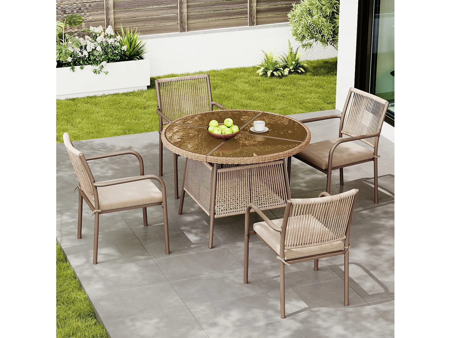 5-delige rotan tuinset – Ronde tafel van gehard glas + 4 fauteuils met armleuningen, ijzeren frame, inclusief kussens, voor terras en balkon